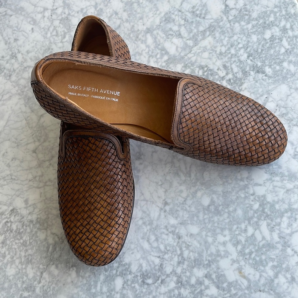 Tan Italian woven men’s loafer 11.5D from Saks fifth Avenue.